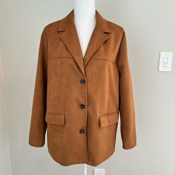 Faux Suede Brown Lapel Collar Button Up Oversized Jacket Blazer Small - Picture 3 of 14